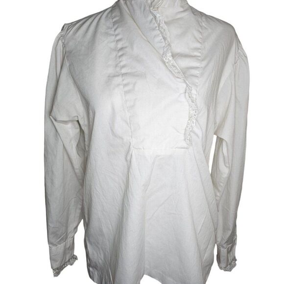 Vintage 80s Button Up Blouse Womens S White Ruffle Front Romantic Modest Lace - Picture 2 of 7